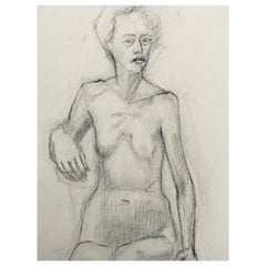 Dessin français au fusain du milieu du 20e siècle, portrait d'une femme nue debout
