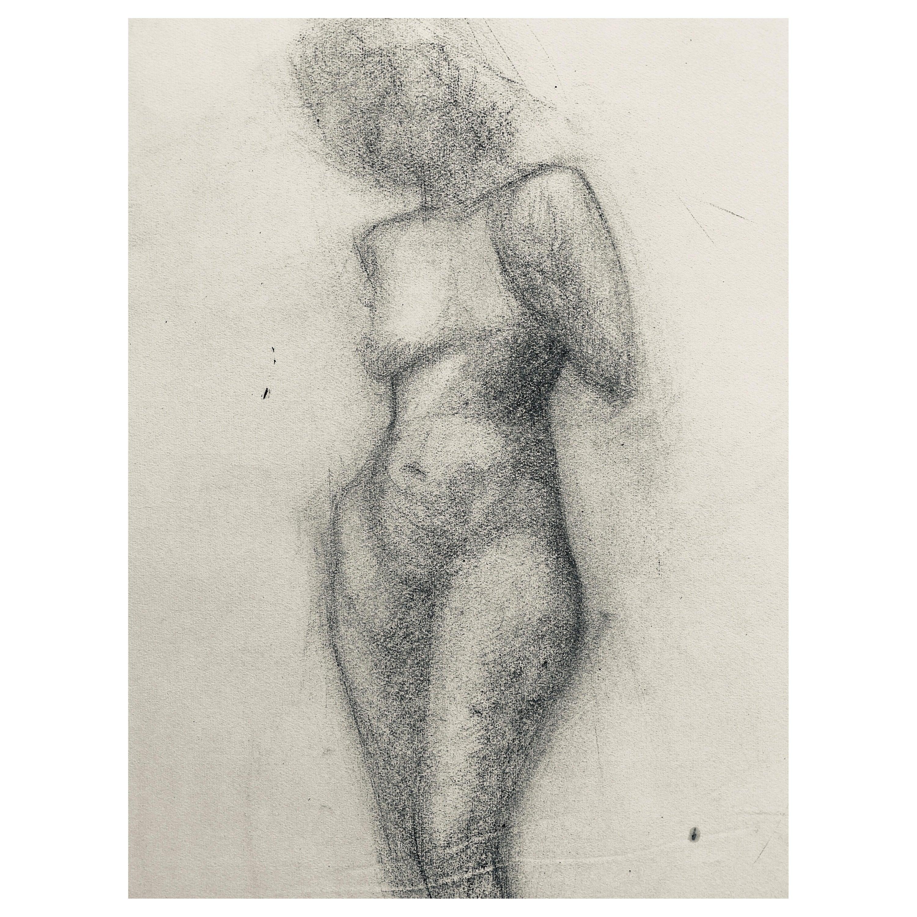 Nude Painting Unknown - Dessin au fusain français du milieu du 20e siècle - Portrait d'une femme nue debout
