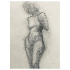 Dessin au fusain français du milieu du 20e siècle - Portrait d'une femme nue debout