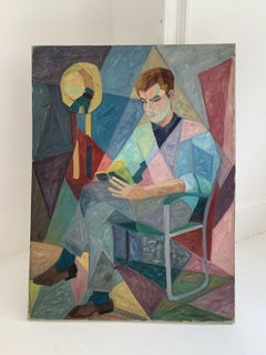 MID 20TH CENTURY FRENCH CUBIST LARGE OIL - PORTRAIT OF SEATED MAN READING