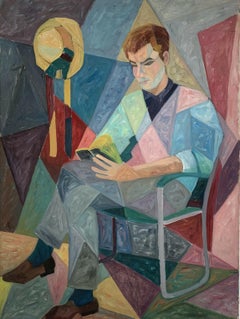 MID 20TH CENTURY FRENCH CUBIST LARGE OIL - PORTRAIT OF SEATED MAN READING