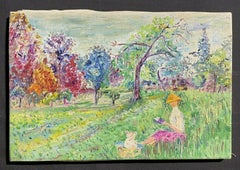 MID 20TH CENTURY FRENCH IMPRESSIONIST OIL - LADY SEATED IN LONG GRASS FIELD