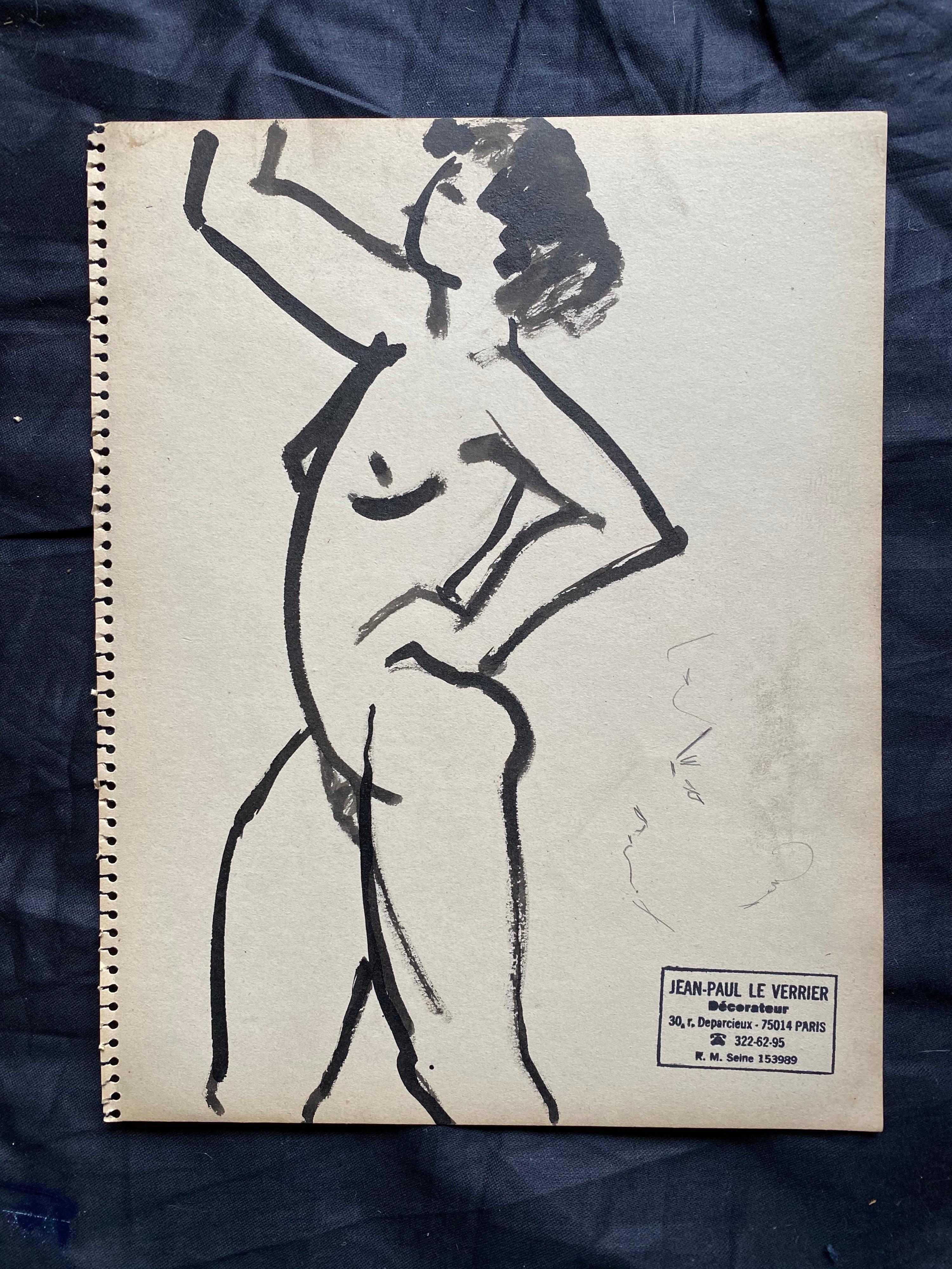 Mid 20th Century French Original Line Drawing Sketch Nude Female - Stamped - Painting by Unknown