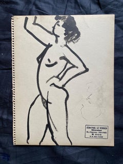 Disegno al tratto originale francese della metà del 20° secolo: schizzo di un nudo femminile - Timbrato