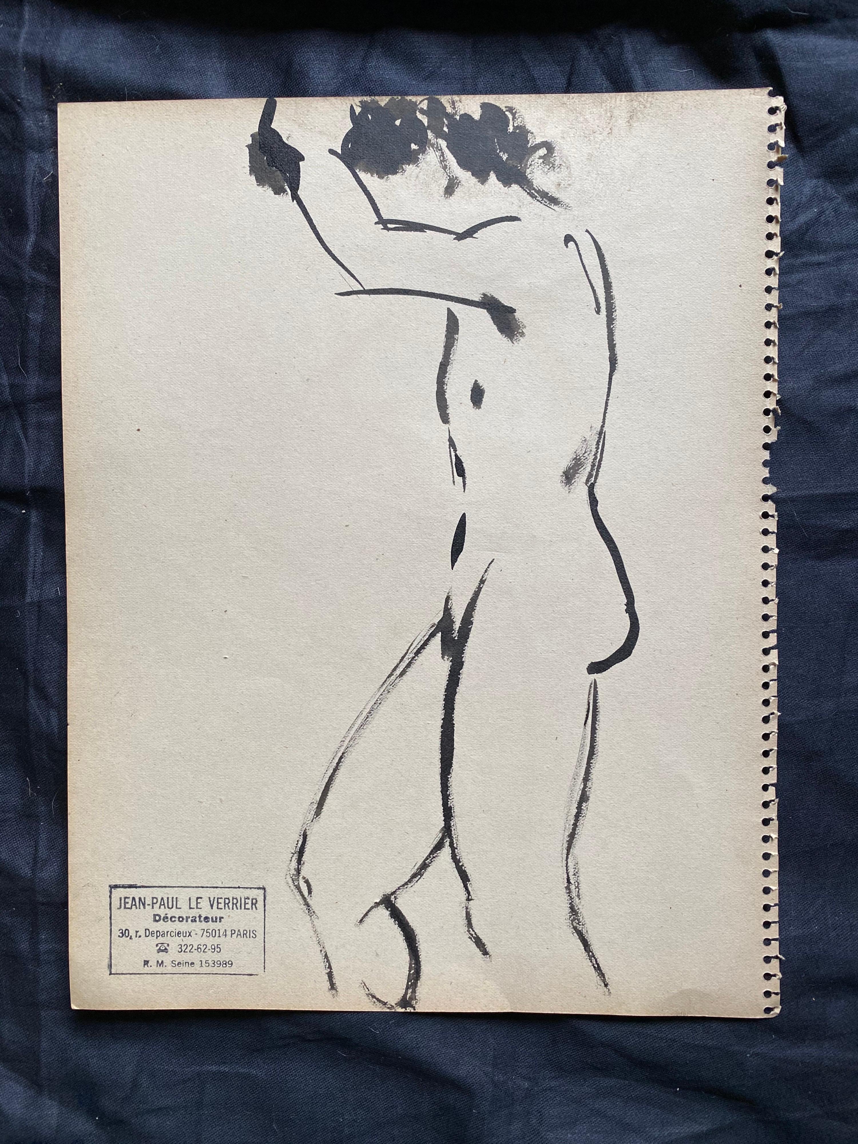 Mid 20th Century French Original Line Drawing Sketch Nude Female - Stamped - Gray Nude Painting by Unknown
