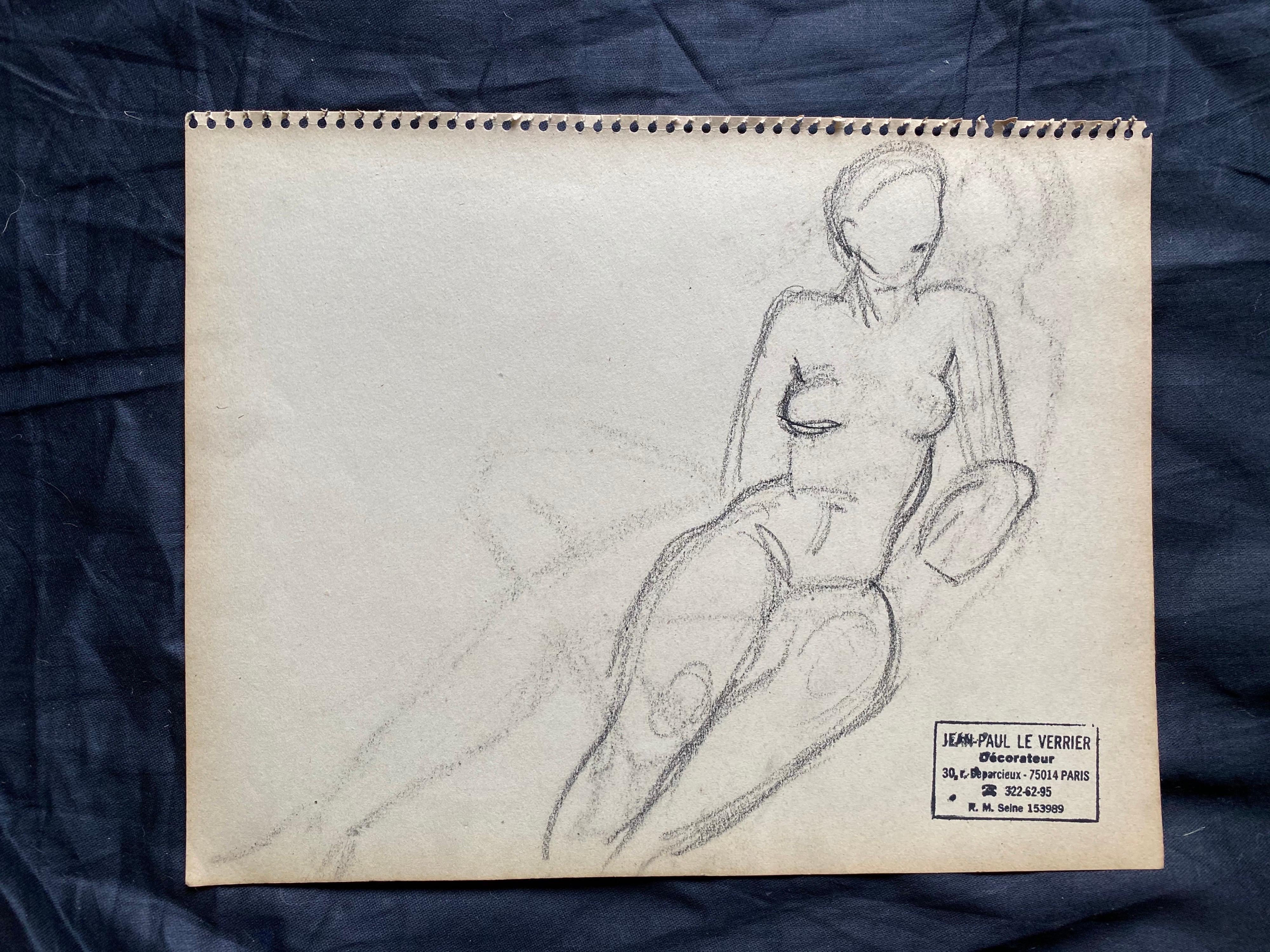 French mid 20th Century Original Line Drawing Sketch Nude Lady - Stamped - Painting de Unknown