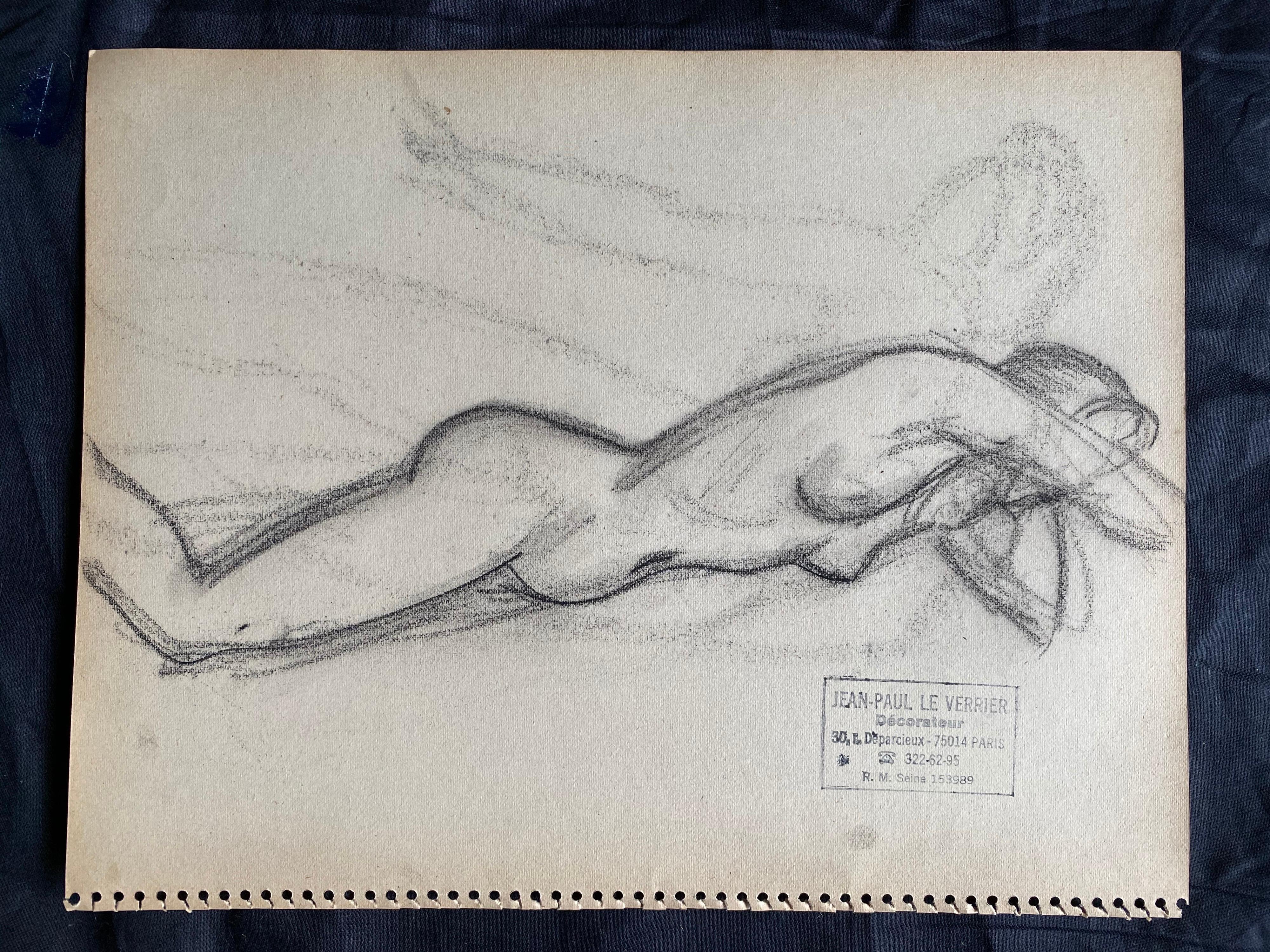 Mid 20th Century, French, Original Line Drawing Sketch Nude Lady, Stamped - Painting de Unknown
