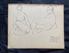 French mid 20th Century Original Line Drawing Sketch Nude Lady - Stamped