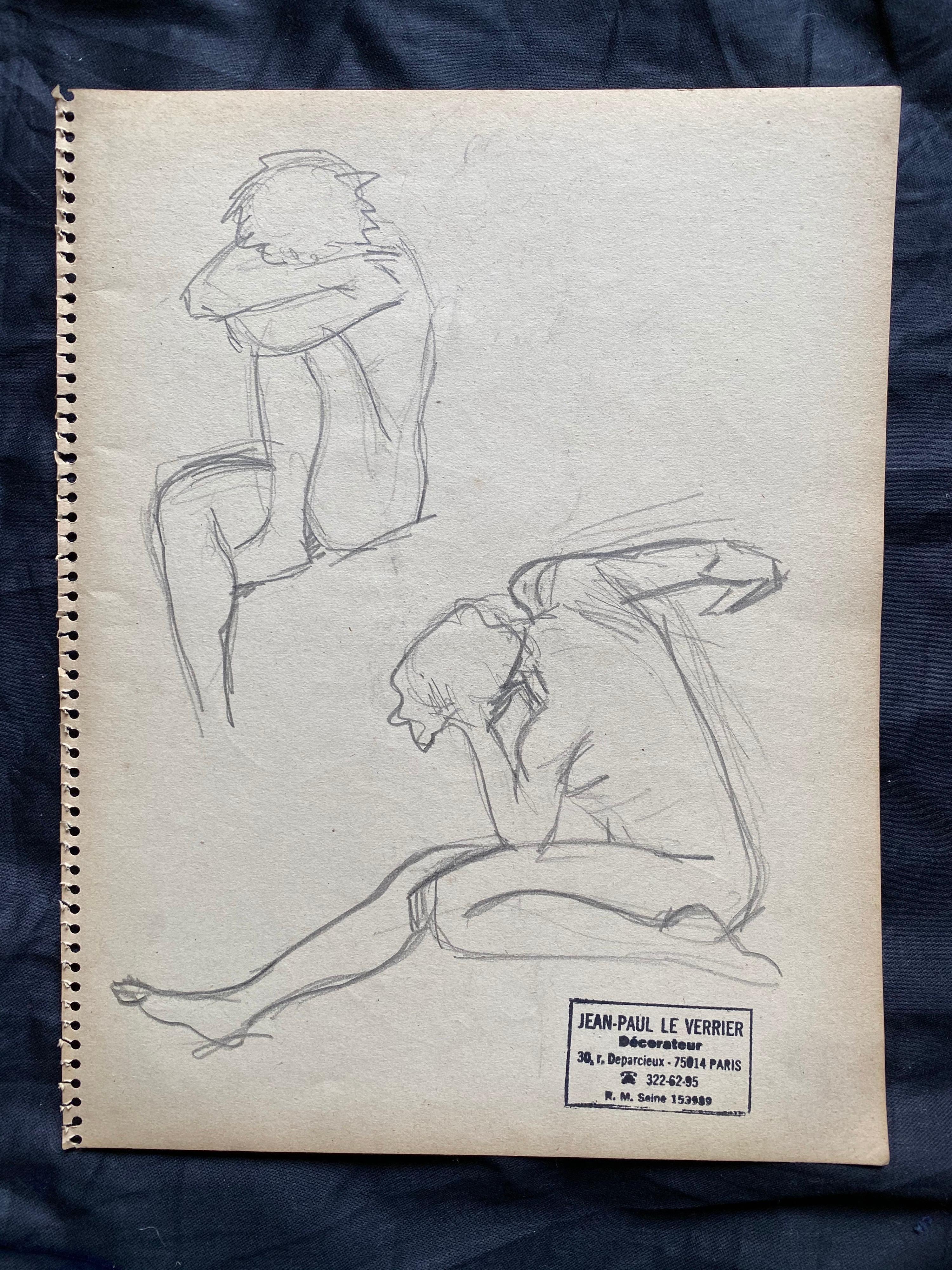 French mid 20th Century Original Line Drawing Sketch Nude Lady - Stamped - Painting de Unknown