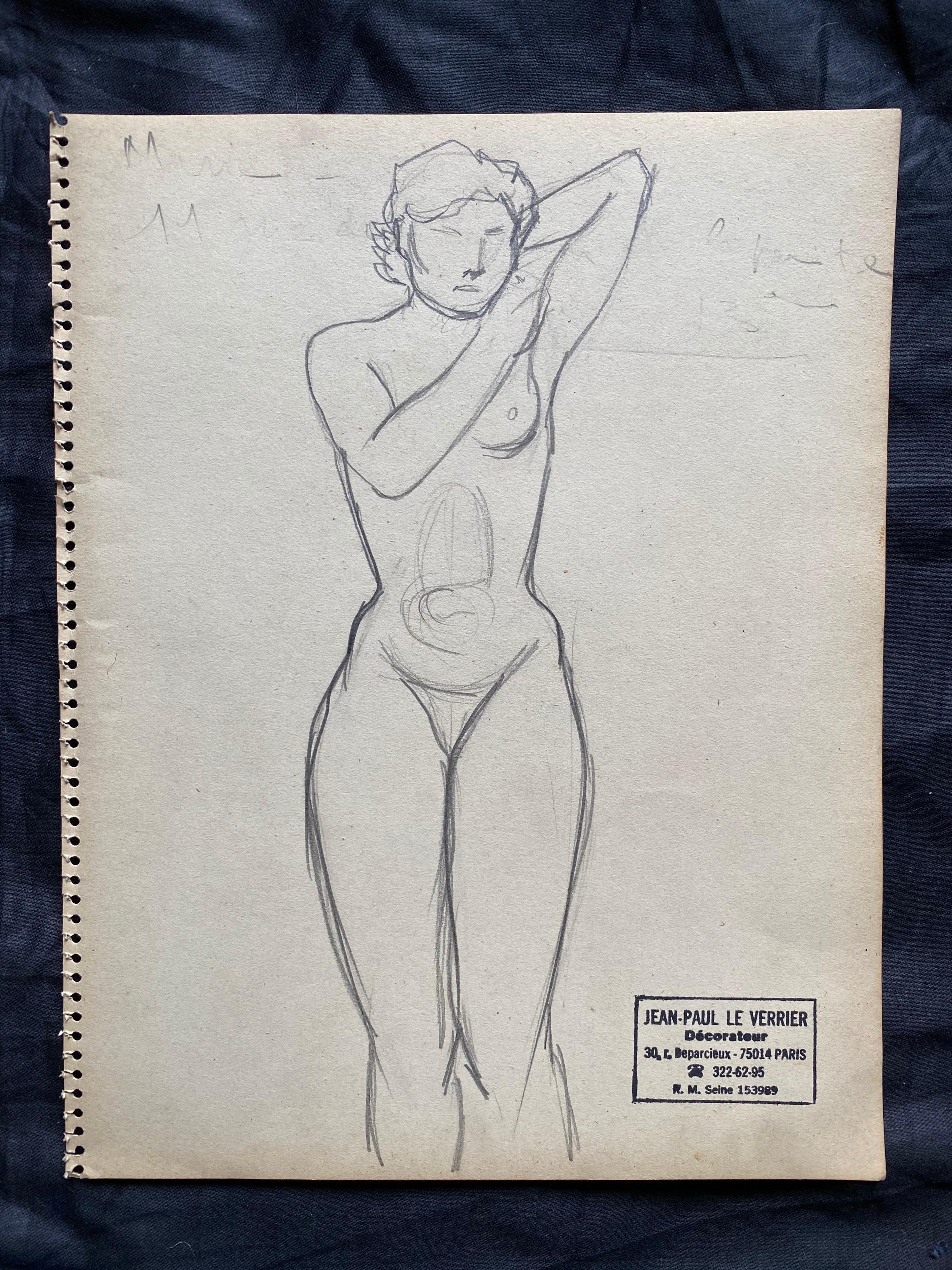 French mid 20th Century Original Line Drawing Sketch Nude Lady - Stamped - Painting de Unknown