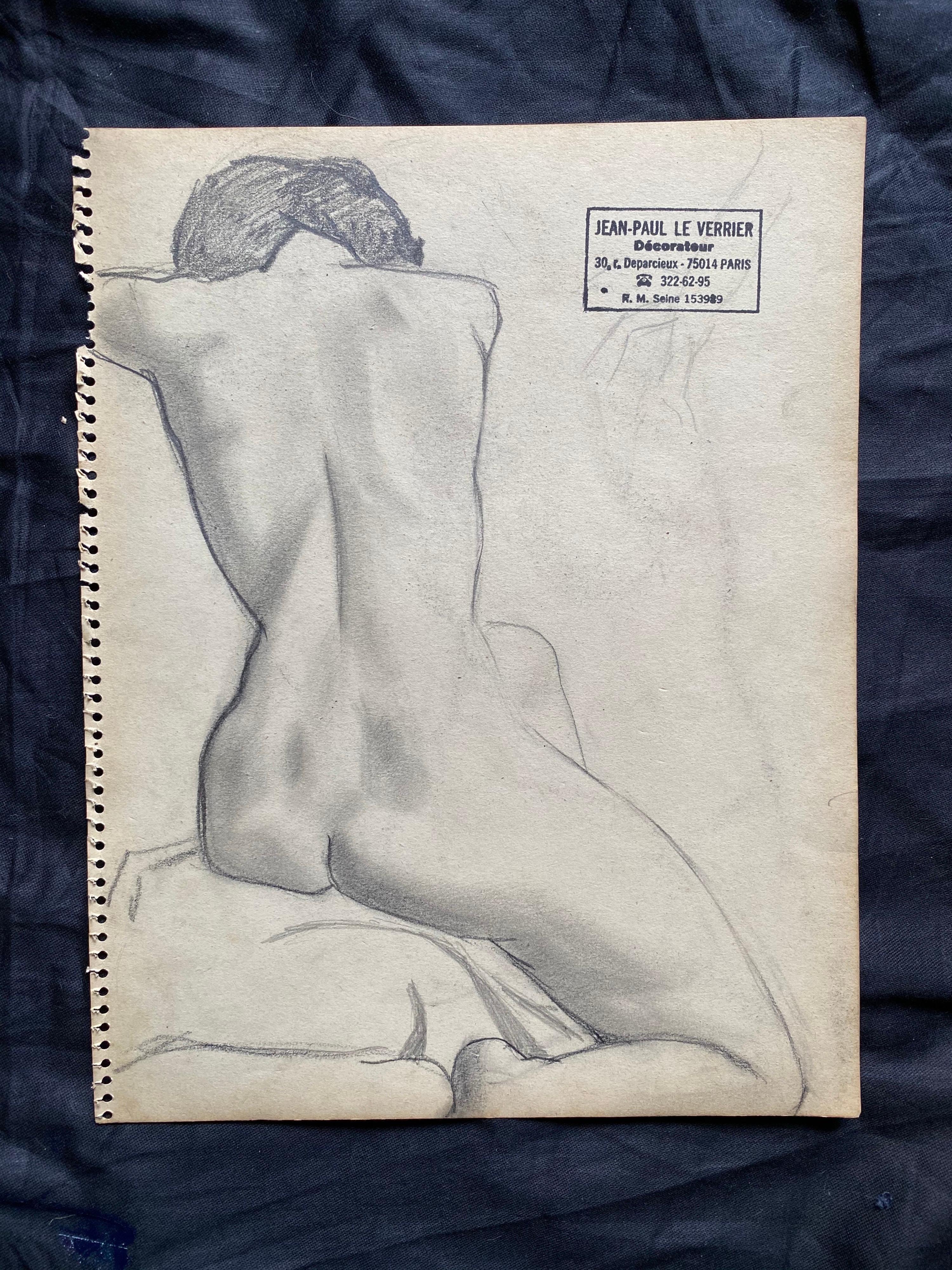 Mid 20th Century French Original Line Drawing Sketch Nude Lady, Stamped - Painting de Unknown