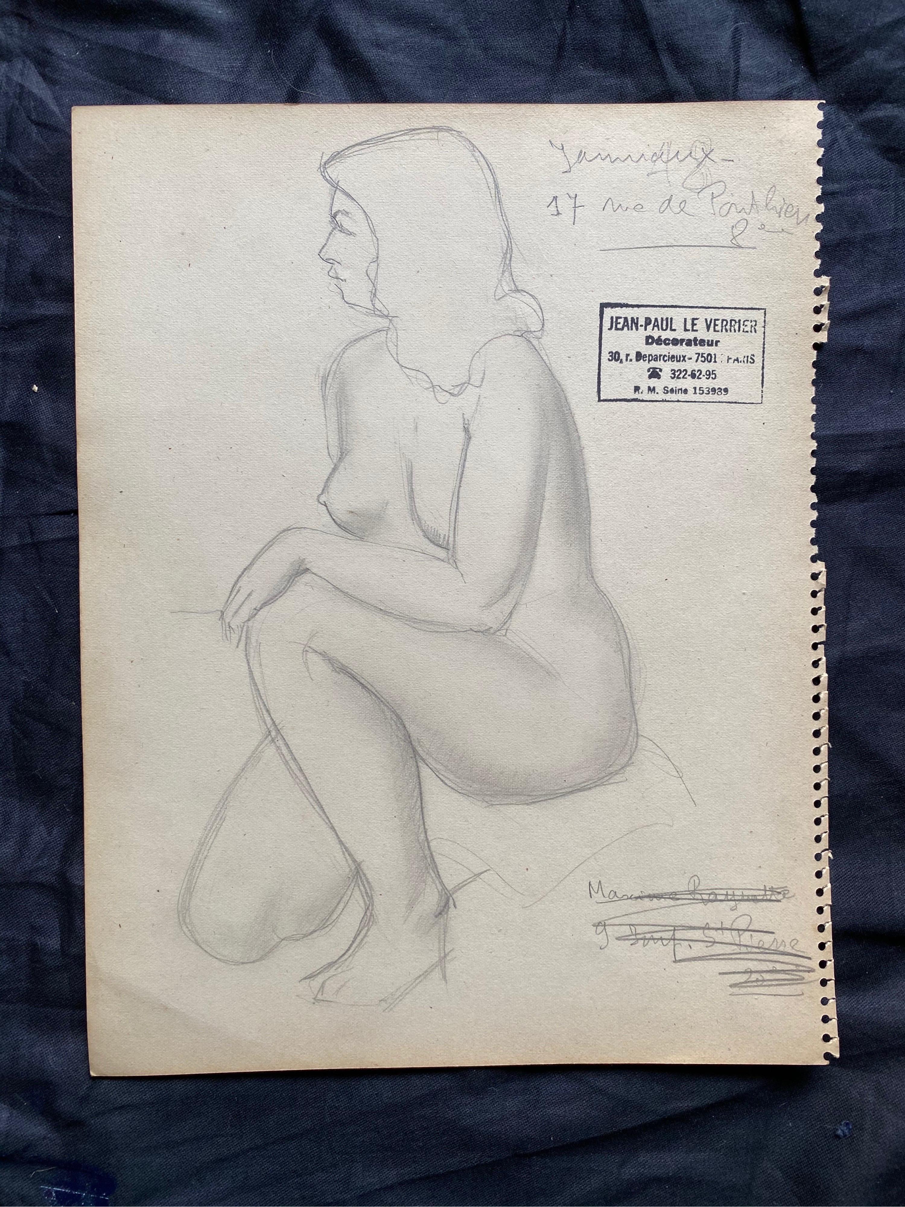 Mid 20th Century, French, Original Line Drawing Sketch Nude Lady, Stamped - Painting de Unknown