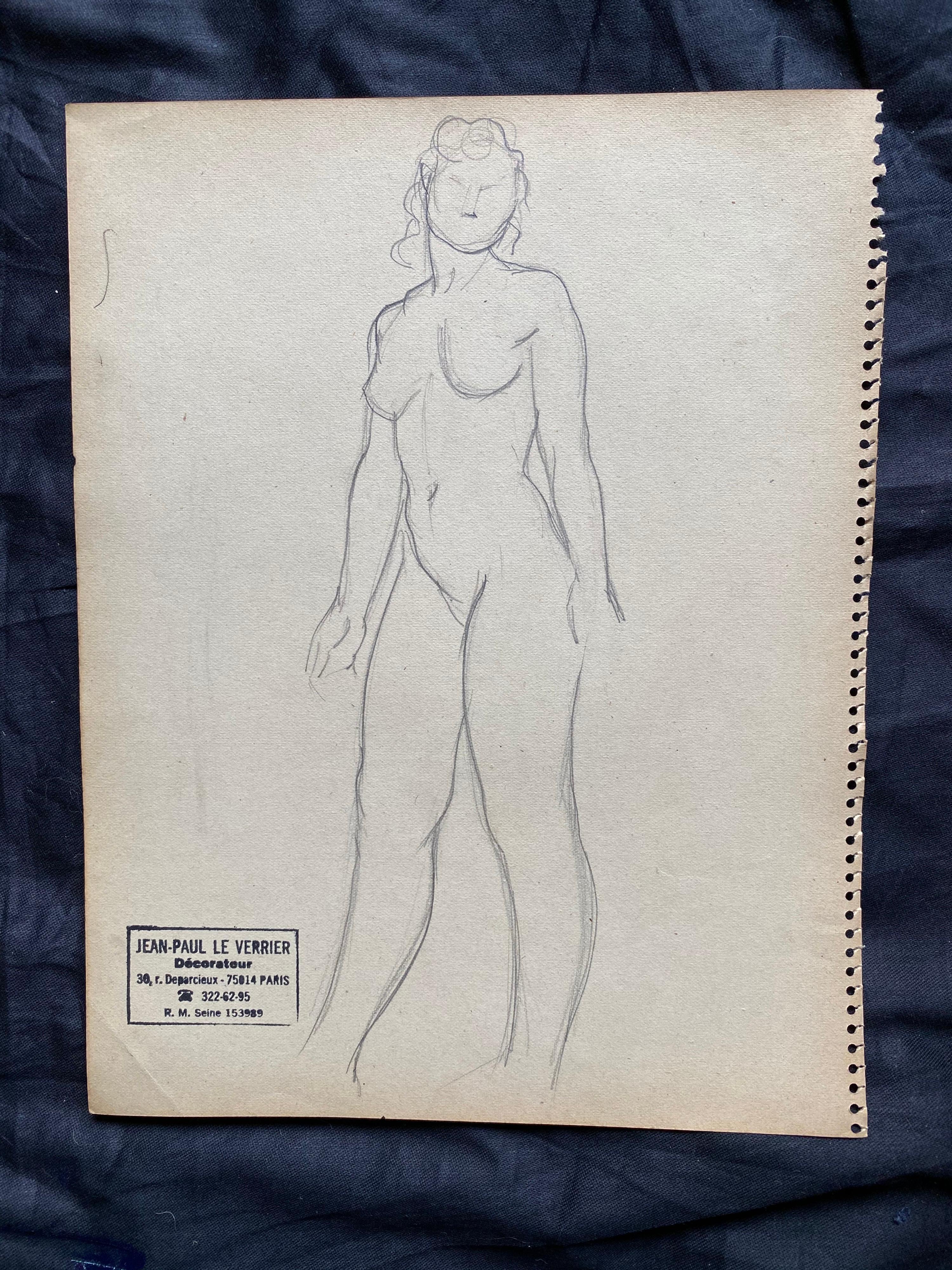 Mid 20th Century, French Original Line Drawing Sketch Nude Lady, Stamped - Painting de Unknown