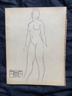 Mid 20th Century, French Original Line Drawing Sketch Nude Lady, Stamped