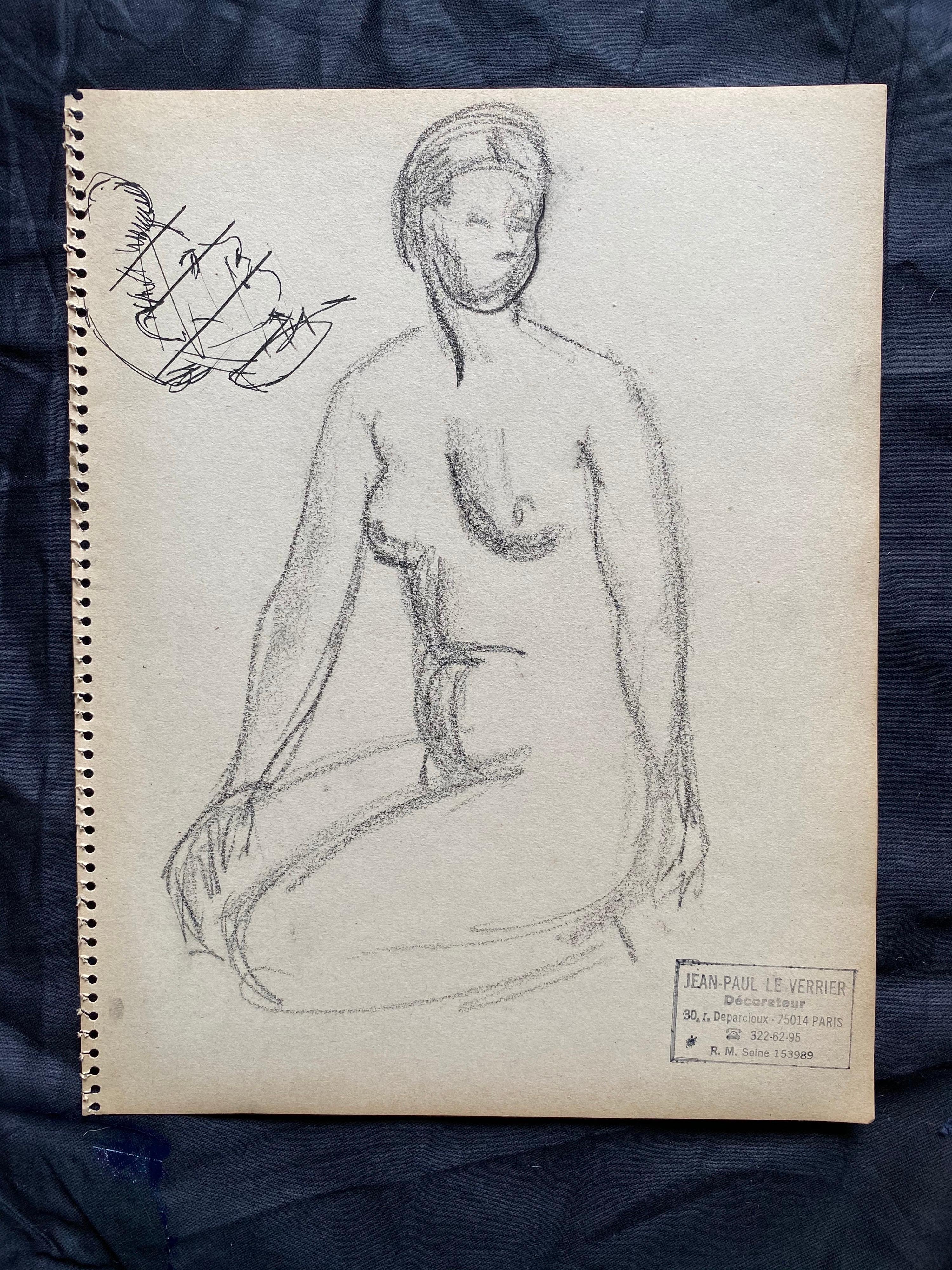 Mid 20th Century, French, Original Line Drawing Sketch Nude Lady, Stamped - Gris Nude Painting par Unknown