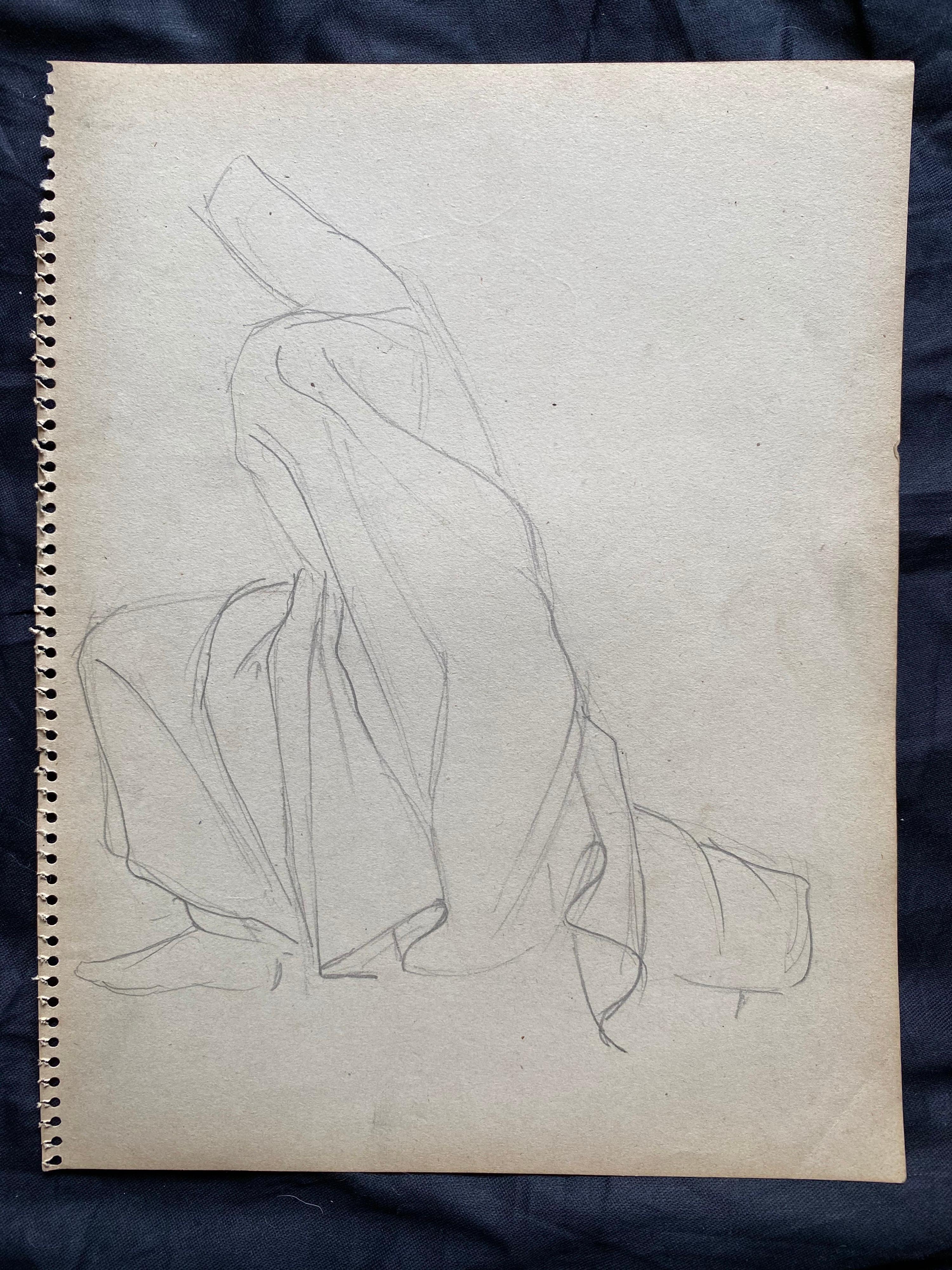 Mid 20th Century, French Original Line Drawing Sketch Nude Lady, Stamped - Gris Nude Painting par Unknown
