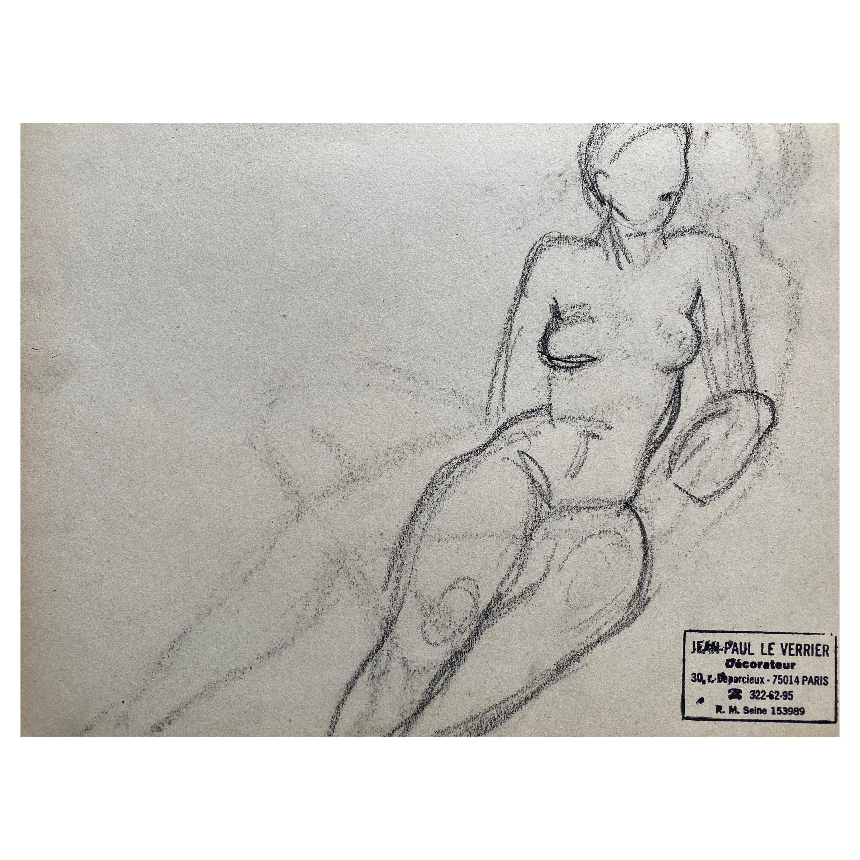 French mid 20th Century Original Line Drawing Sketch Nude Lady - Stamped