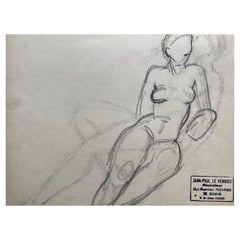 French mid 20th Century Original Line Drawing Sketch Nude Lady - Stamped