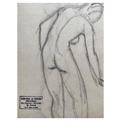 French mid 20th Century Original Line Drawing Sketch Nude Lady - Stamped