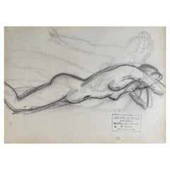 Mid 20th Century, French, Original Line Drawing Sketch Nude Lady, Stamped