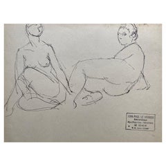 French mid 20th Century Original Line Drawing Sketch Nude Lady - Stamped