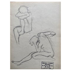 French mid 20th Century Original Line Drawing Sketch Nude Lady - Stamped