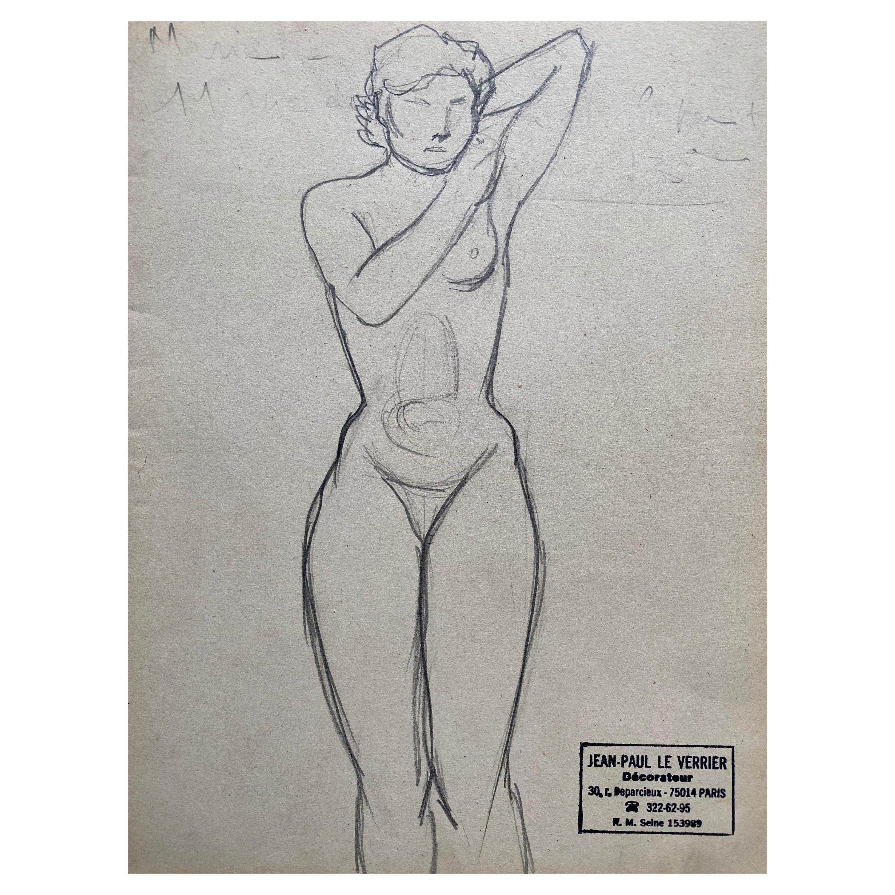Nude Painting Unknown - French mid 20th Century Original Line Drawing Sketch Nude Lady - Stamped