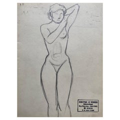 French mid 20th Century Original Line Drawing Sketch Nude Lady - Stamped