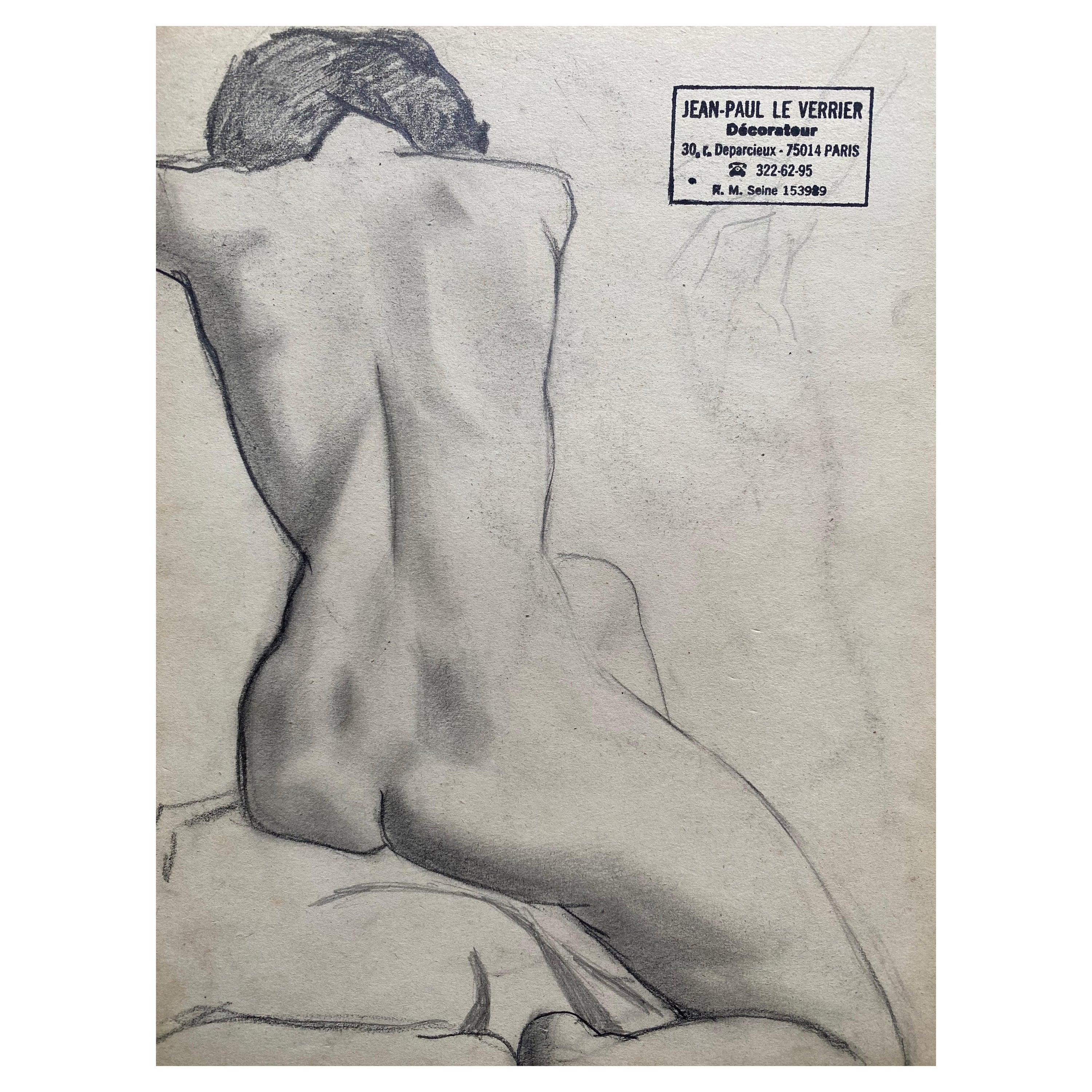 Mid 20th Century French Original Line Drawing Sketch Nude Lady, Stamped