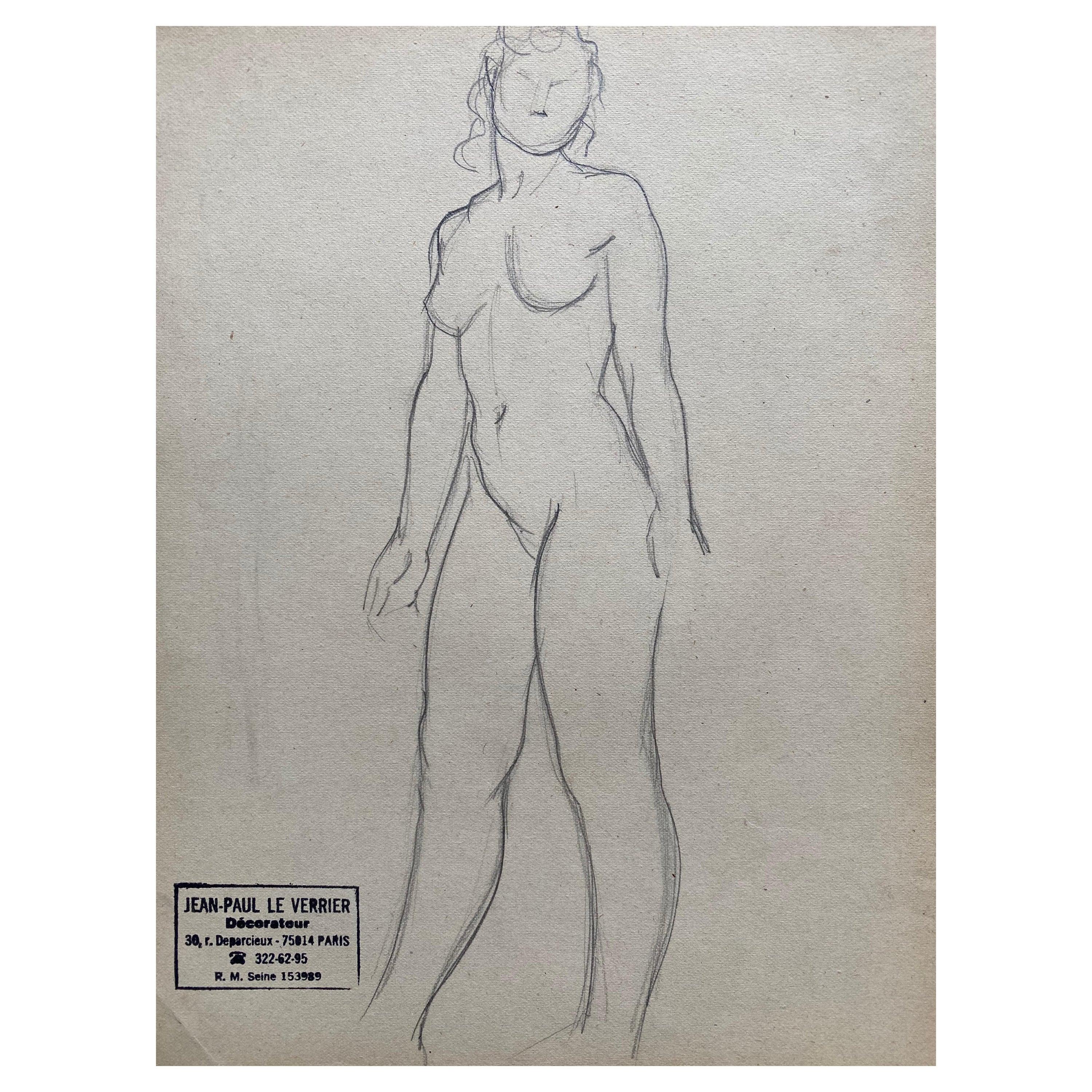 Nude Painting Unknown - Mid 20th Century, French Original Line Drawing Sketch Nude Lady, Stamped