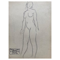 Mid 20th Century, French Original Line Drawing Sketch Nude Lady, Stamped