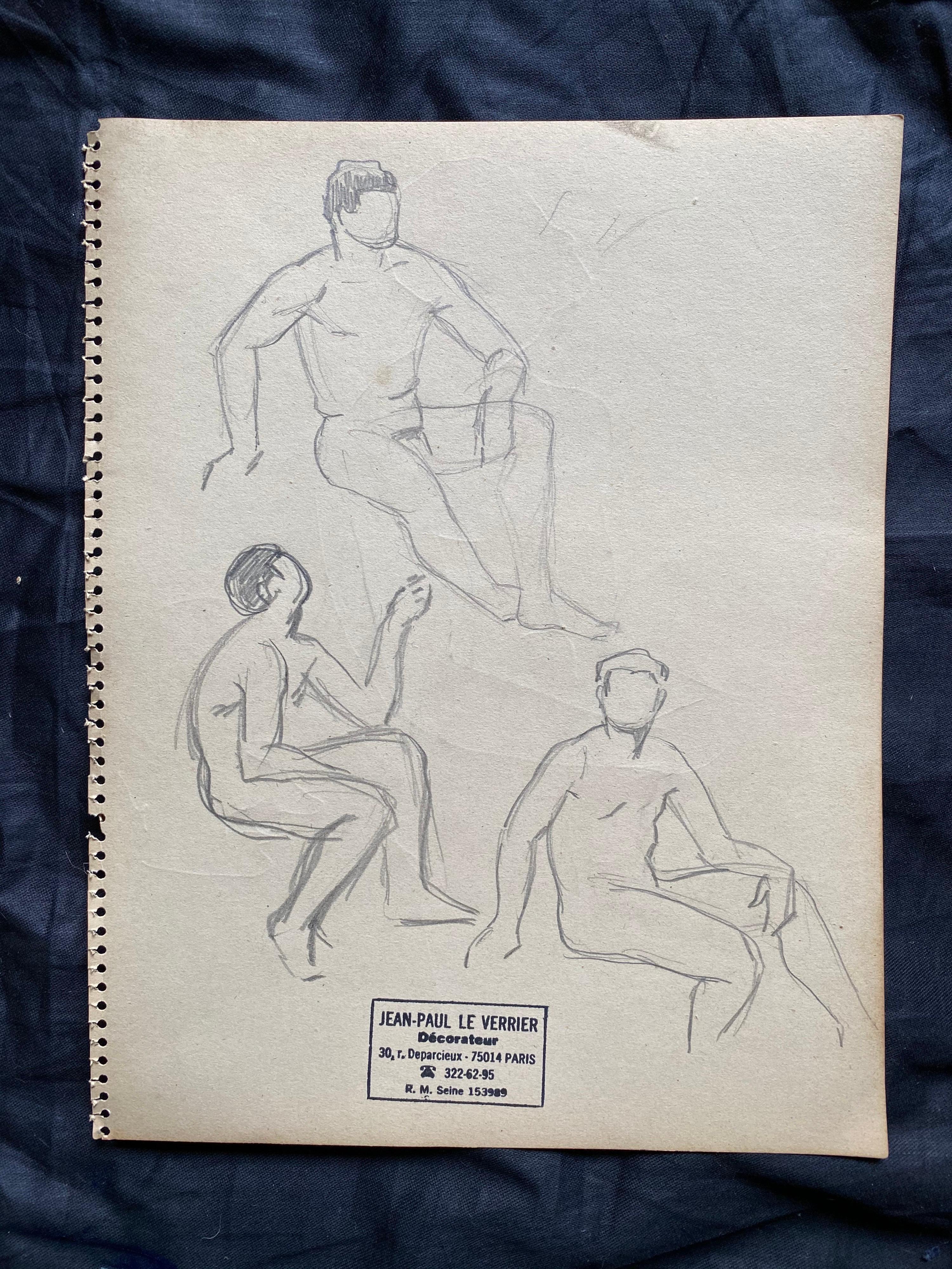 Mid 20th Century French Original Line Drawing Sketch Nude Men- Stamped - Painting by Unknown