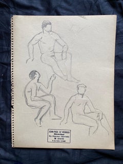 Mid 20th Century French Original Line Drawing Sketch Nude Men- Stamped