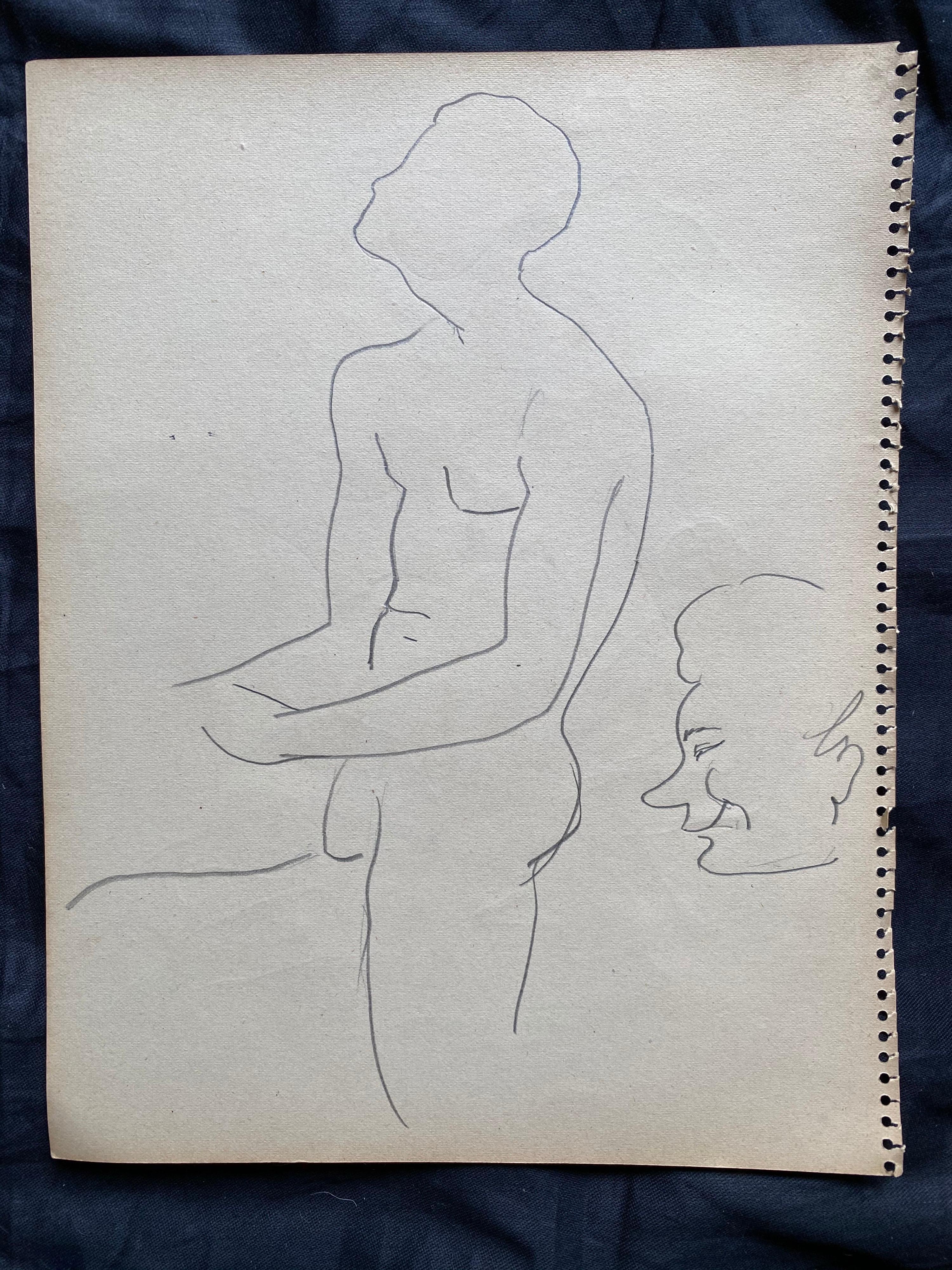 Mid 20th Century French Original Line Drawing Sketch Nude Men- Stamped - Gray Nude Painting by Unknown