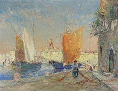 St Tropez Harbour French Post Impressionist Coastal Scene Boats Old Town Oil