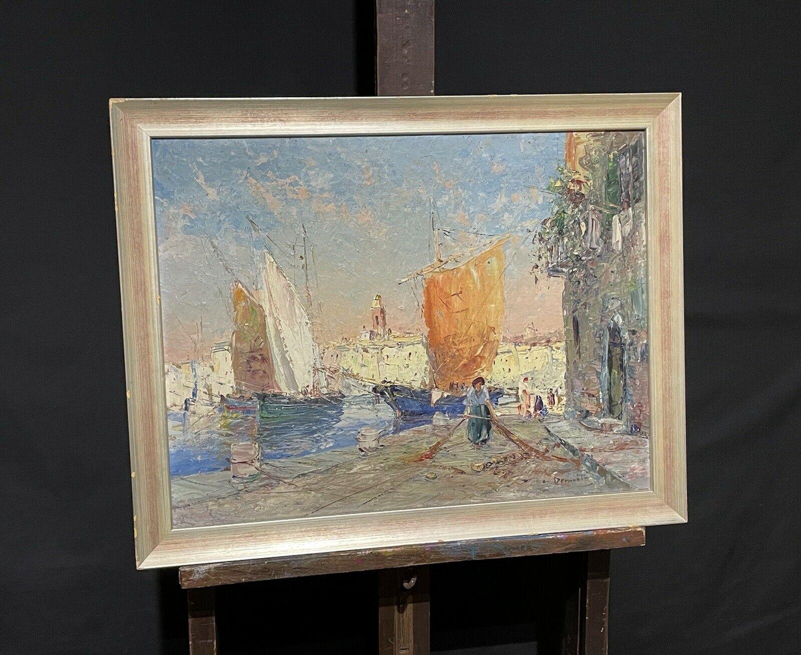 HUILE POST-IMPRESSIONNISTE FRANÇAISE DU MILIEU DU 20E SIÈCLE - ST. PORT DE TROPEZ VIEILLE VILLE - Impressionnisme Painting par Unknown