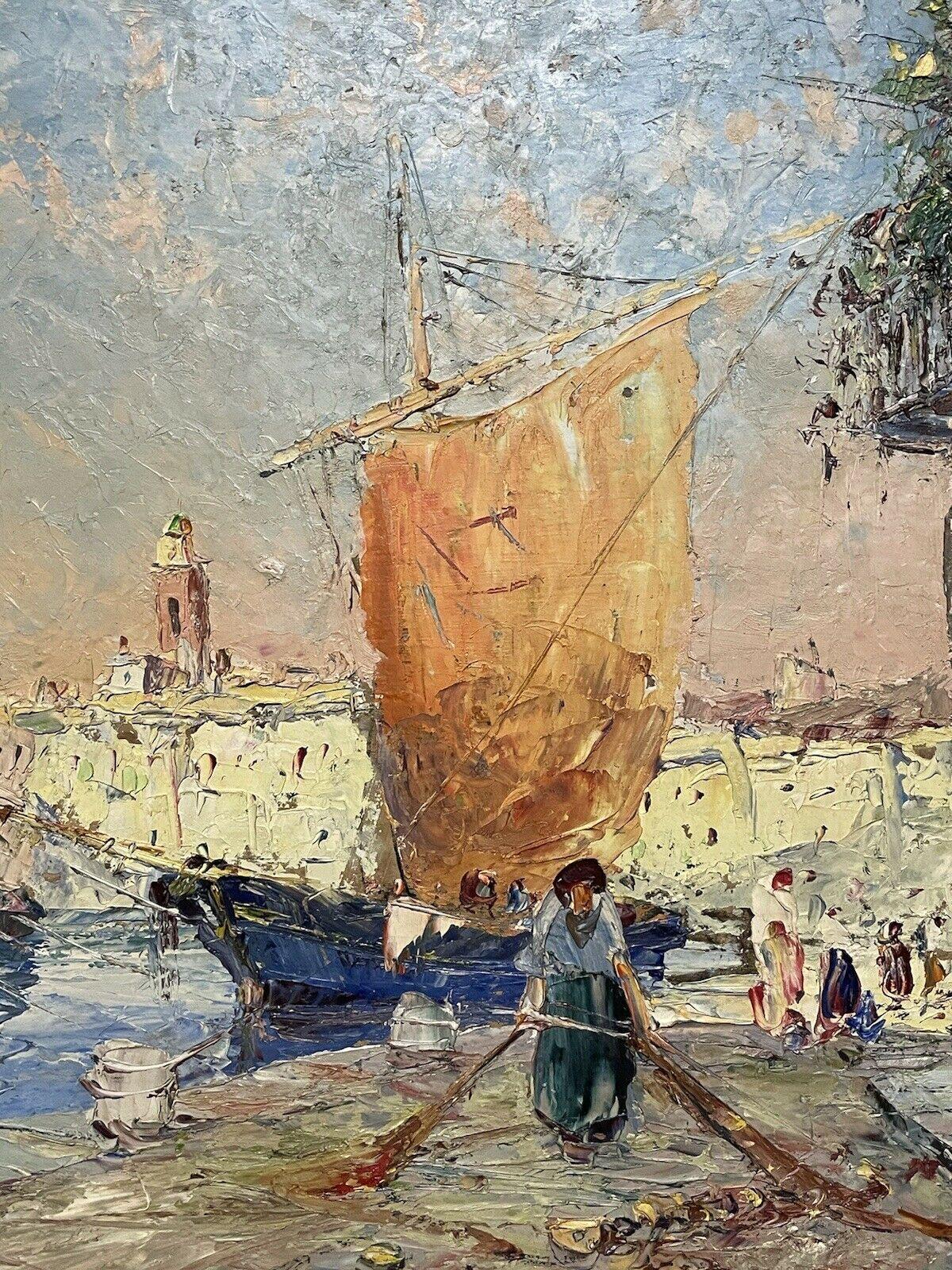 Artistics/ School : École française, milieu du 20e siècle, signé indistinctement dans le coin inférieur. 

Titre : Port de Saint-Tropez

Médium : peinture à l'huile, sur carton. 

Taille : encadré : 22.75 x 28.75 pouces
        peinture : 19.5 x