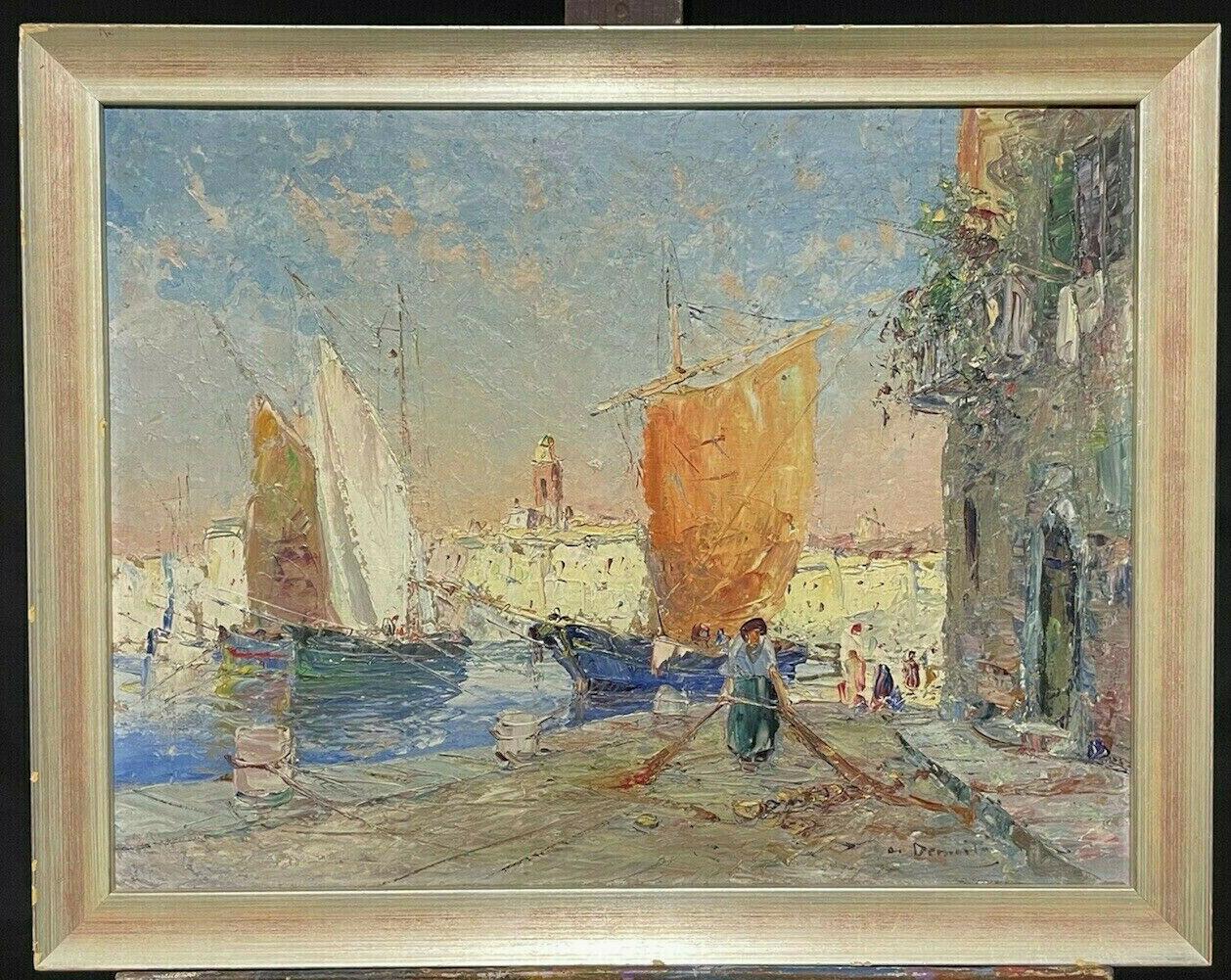 MID 20TH CENTURY FRENCH POST-IMPRESSIONIST OIL - ST. TROPEZ HARBOUR OLD TOWN