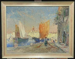 Vintage MID 20TH CENTURY FRENCH POST-IMPRESSIONIST OIL - ST. TROPEZ HARBOUR OLD TOWN