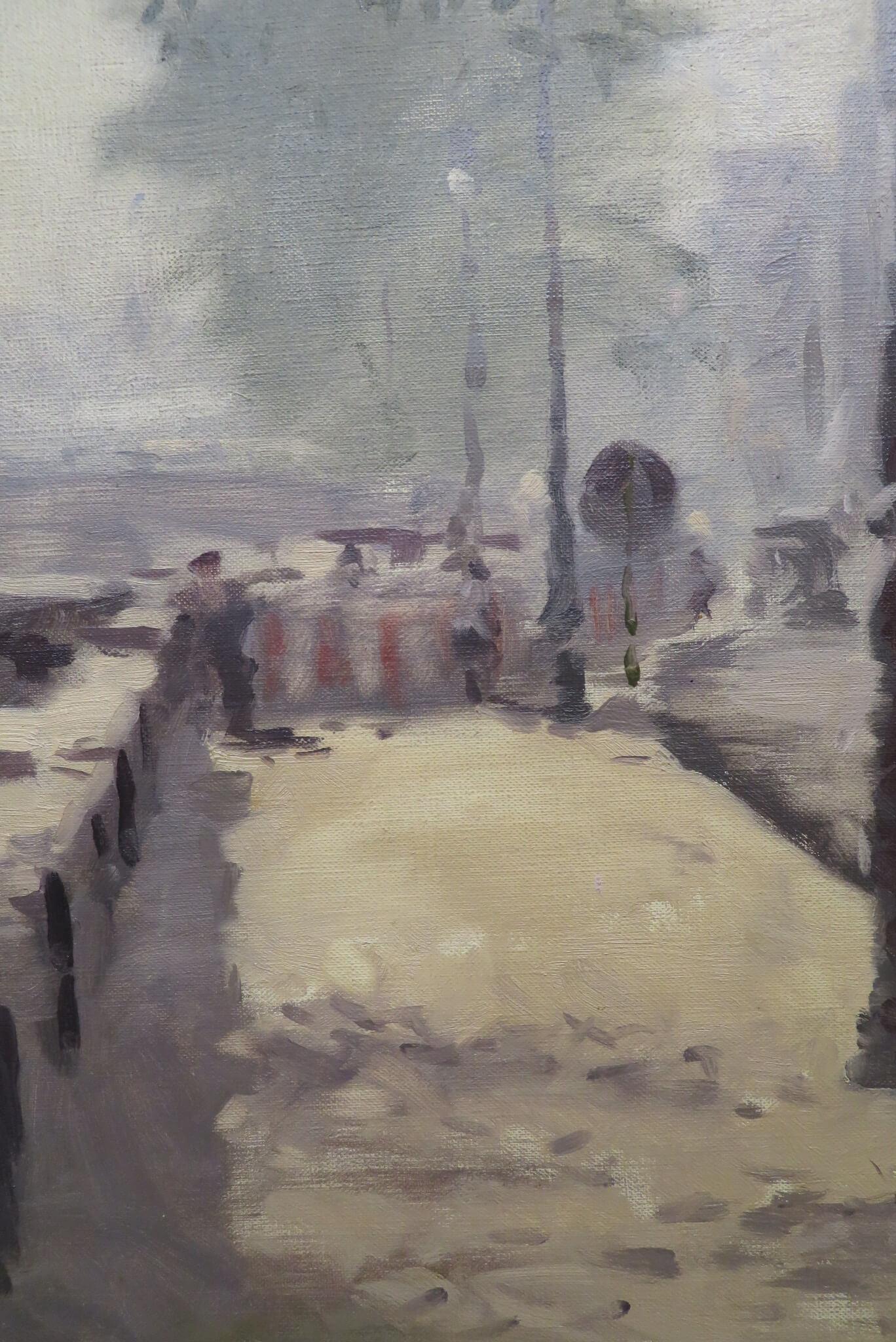 Pittura ad olio firmata RIVER SEINE PARIS, metà del XX secolo, di un pittore post-impressionista francese. - Landscape Painting Grigio di Unknown