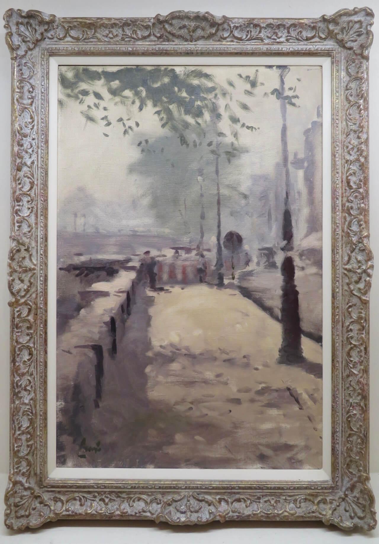 Landscape Painting di Unknown - Pittura ad olio firmata RIVER SEINE PARIS, metà del XX secolo, di un pittore post-impressionista francese.