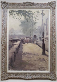 Pittura ad olio firmata RIVER SEINE PARIS, metà del XX secolo, di un pittore post-impressionista francese.