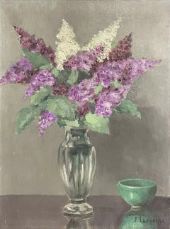 MID 20TH CENTURY FRENCH VINTAGE OIL PAINTING - STILL LIFE OF LILACS FLOWERS