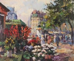 Mid 20th Century Impressionistic Oil - Parisian Flower Market