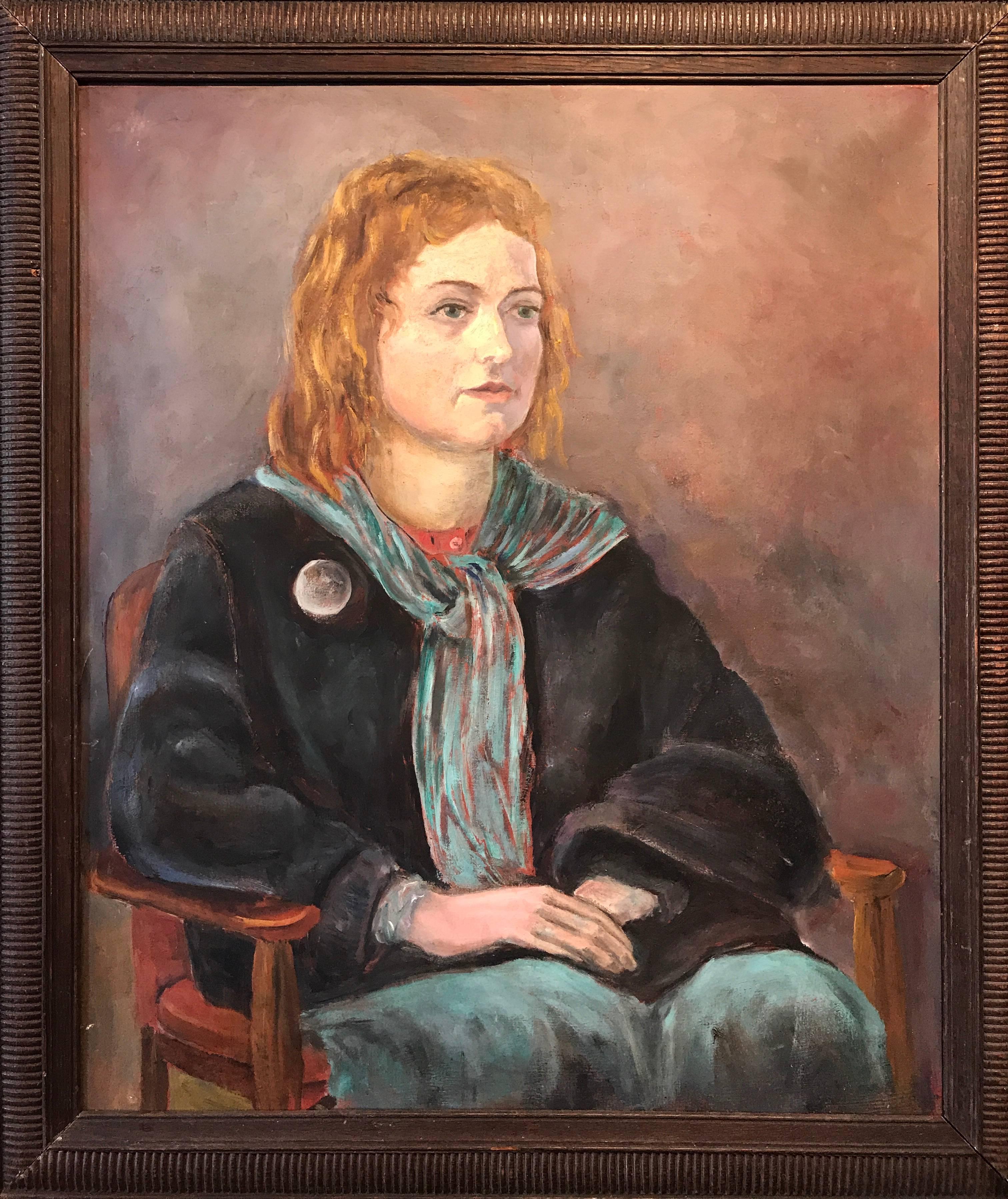 Portrait irlandais d'une jeune femme assise en écharpe verte du milieu du 20e siècle - Painting de Unknown