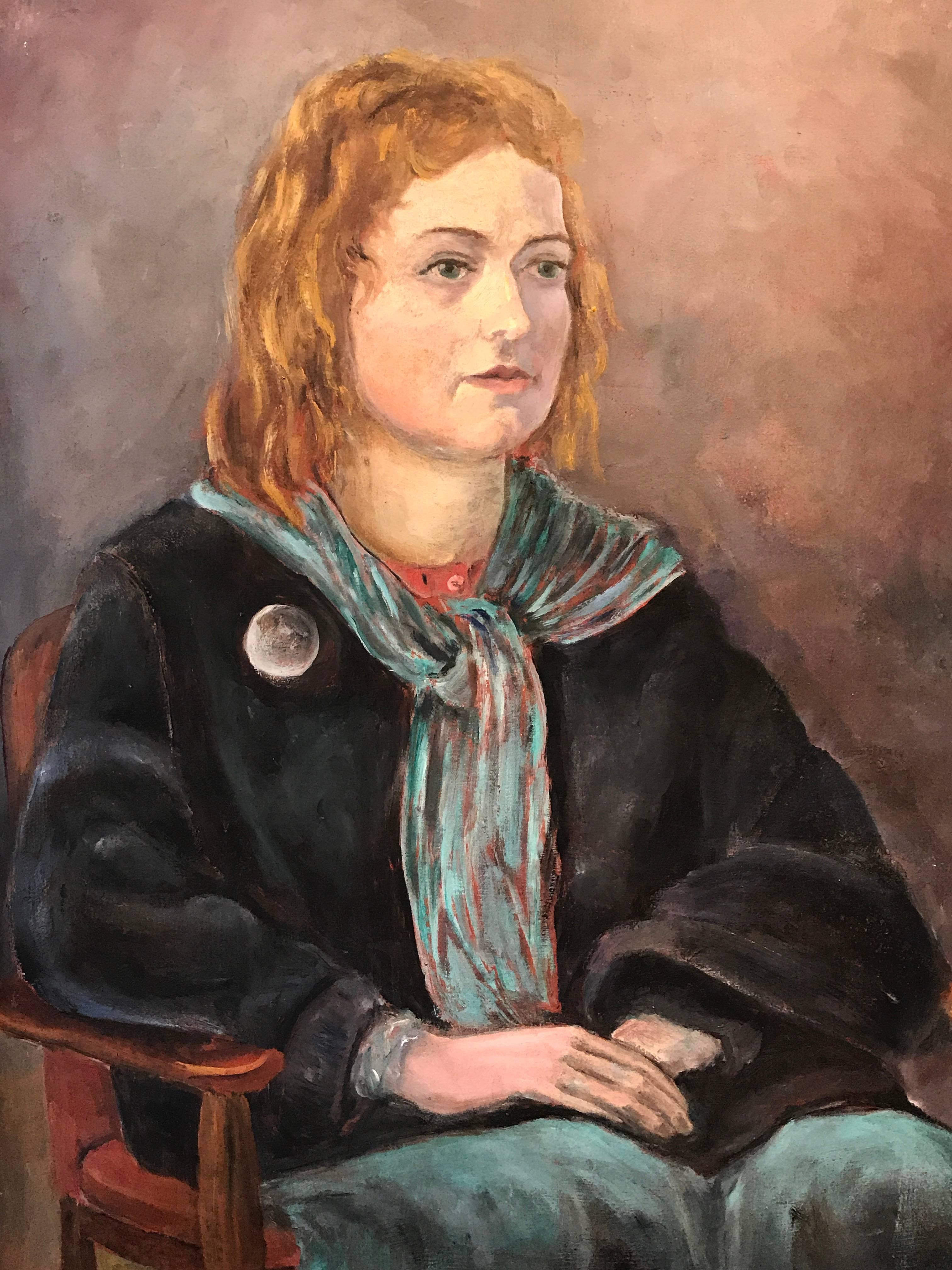 Portrait Painting Unknown - Portrait irlandais d'une jeune femme assise en écharpe verte du milieu du 20e siècle