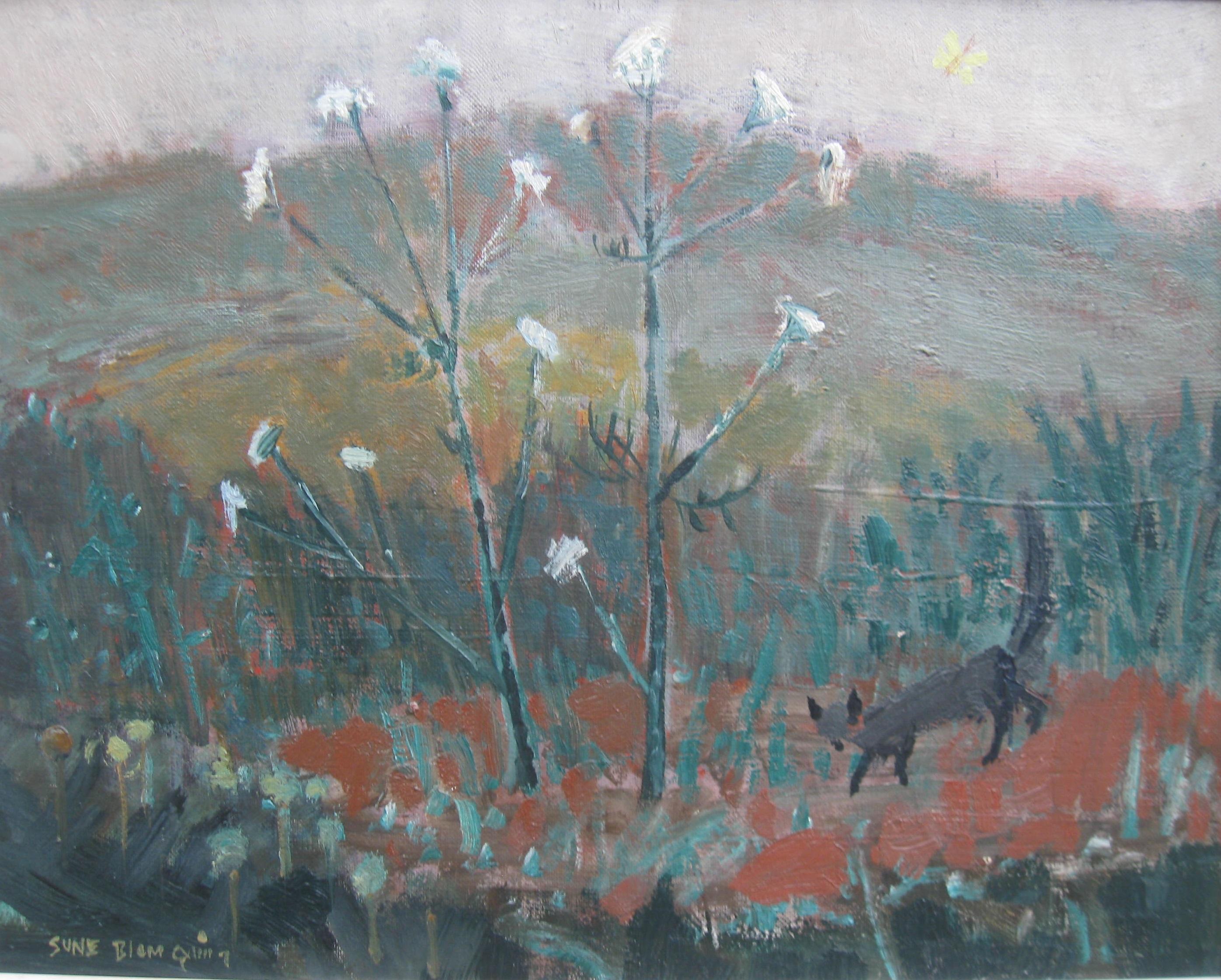 Peinture à l'huile expressionniste du milieu du 20e siècle, « Paysage de prairie avec faune »  - Painting de Unknown