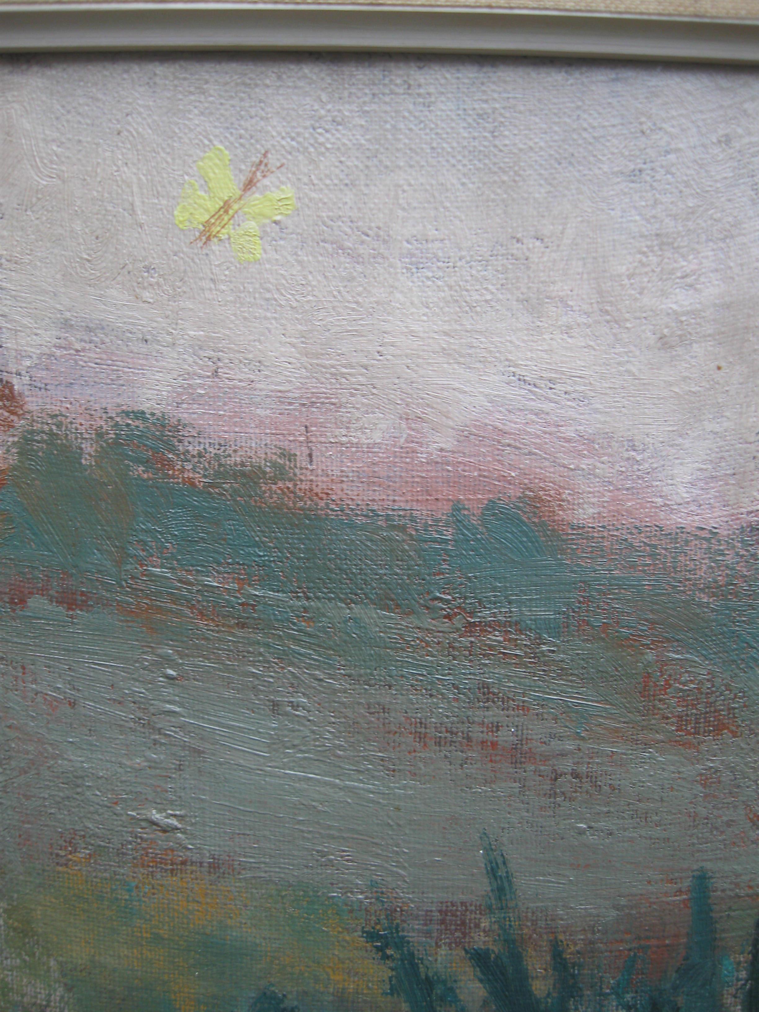 Peinture à l'huile expressionniste du milieu du 20e siècle, « Paysage de prairie avec faune »  - Gris Landscape Painting par Unknown