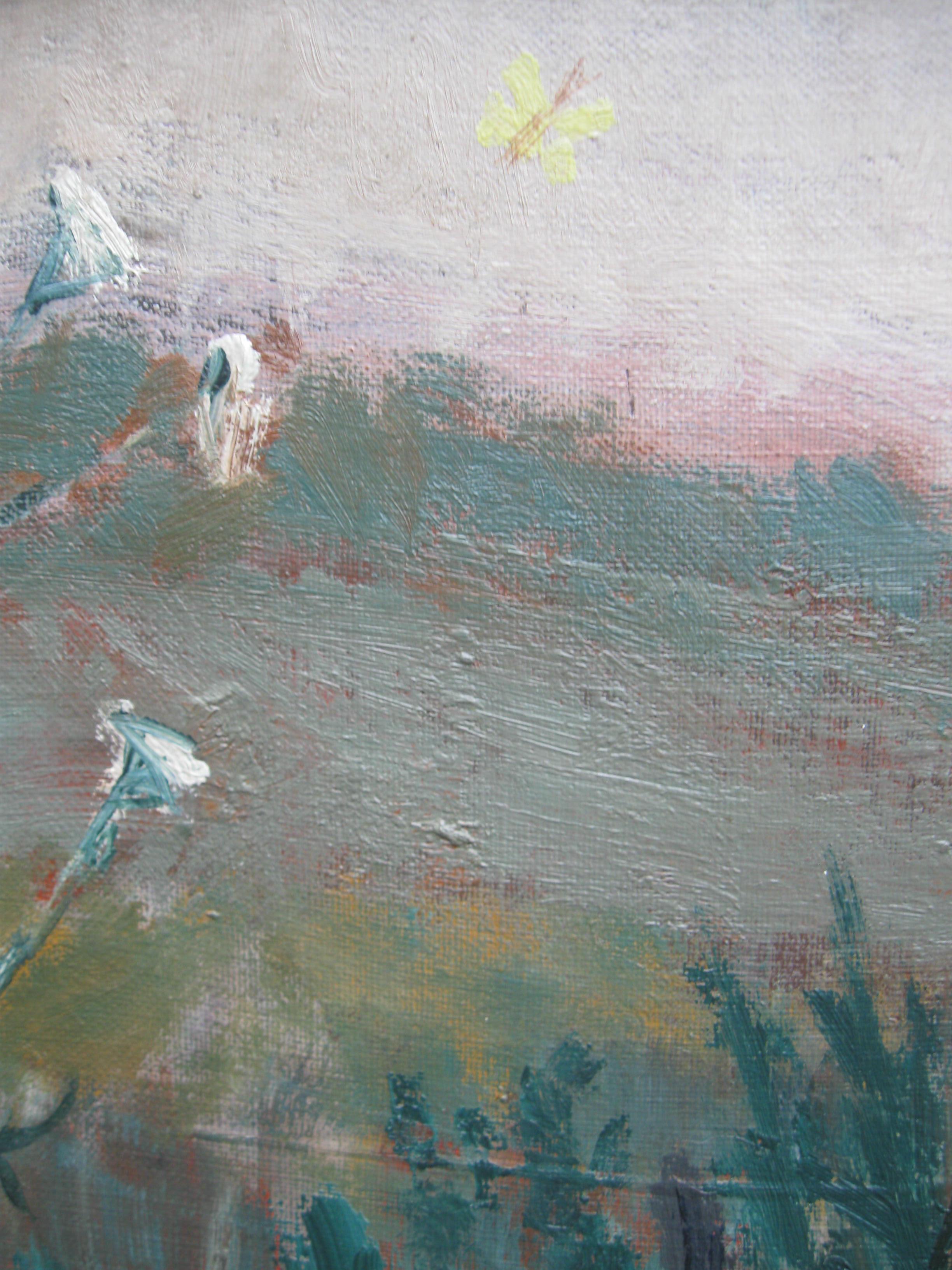 Peinture à l'huile expressionniste du milieu du 20e siècle, « Paysage de prairie avec faune »  en vente 3