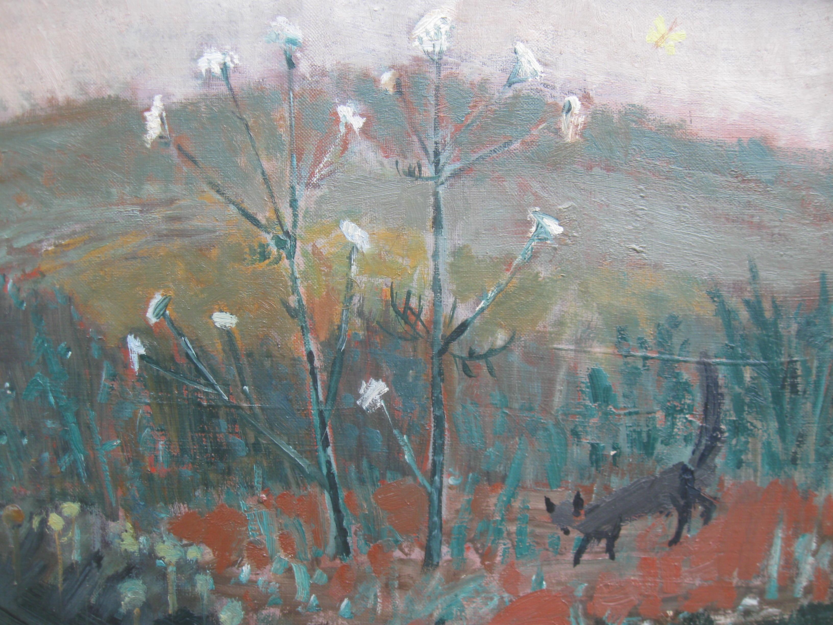 Peinture à l'huile expressionniste du milieu du 20e siècle, « Paysage de prairie avec faune »  en vente 4
